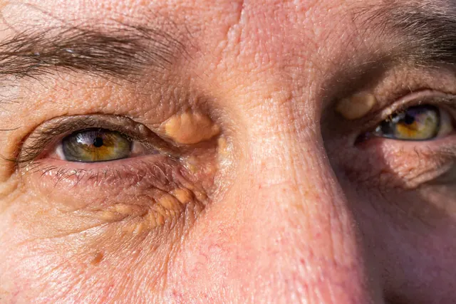 Placas amareladas de xantelasma nas pálpebras